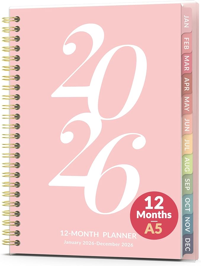 2026 Planner Weekly and Monthly, Jan - Dec 2026, 6.3" x 8.4”, Small Agenda Planner for Women, Aesthetic Calendar Planner with Spiral Bound, Month Tab, Flexible Cover for School, Office (A5, Pink)