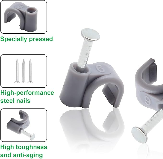 100pcs 1/4" / 6mm Half Clamp J-Hook with Nail, Nail in Cable Clips Ethernet Cable Nails Tacks Clips, Gray