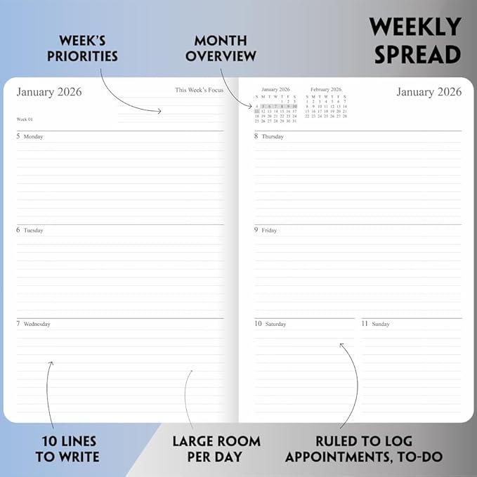 2026 Planner - Weekly and Monthly Planner, Jan 2026 - Dec 2026, Holidays, Contacts and Notes Pages, Vegan Leather Cover, Elastic Closure, 5.5”x8.25”, Teal