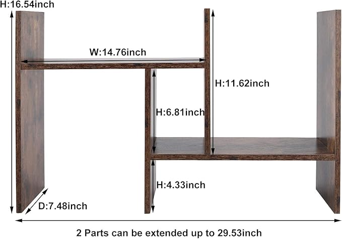 PAG Adjustable Desktop Shelf Wood Small Bookshelf Desk Supplies Organizers and Accessories Storage Display Rack Office Decor, Antique Brown