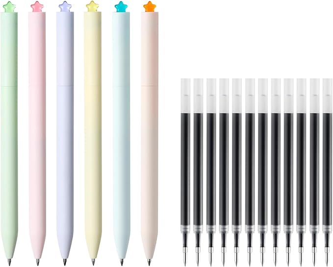 Kaco FIRST Gel Pens 6 Pieces with 12 Extra Refills, Cute Stationery Black Ink, 0.5 mm Fine Point, Aesthetic Cute Star Pens for Journaling