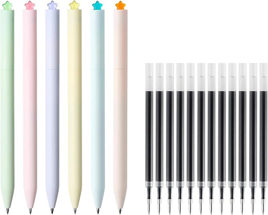 Kaco FIRST Gel Pens 6 Pieces with 12 Extra Refills, Cute Stationery Black Ink, 0.5 mm Fine Point, Aesthetic Cute Star Pens for Journaling