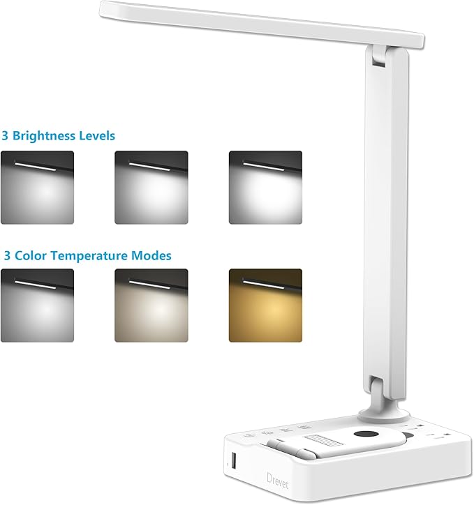 Drevet LED Desk Lamp with Wireless Charger, Desk Table Light with USB Charging Port and 2 Outlets, 3 Lighting Modes, 3 Level Brightness, 1H Timer, Touch Control, Eye-Caring Home Office Lamp, White