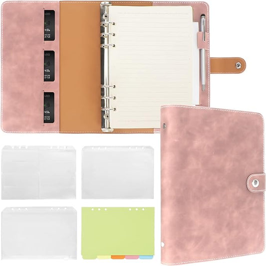 FYY A5 Binder Refillable Planner Notebook 6 Ring PU Leather Binder Journal with Pockets, Dividers, Refill Paper Pink