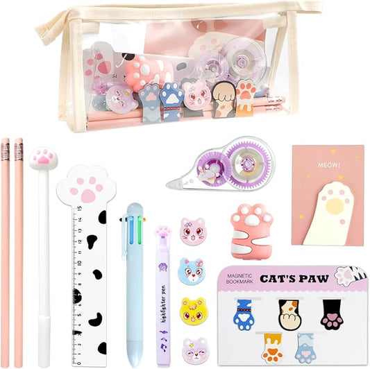19 PCS Cute Cat Paw Stationery Set, Cartoon Mini Pencil Roller, Kawaii Magnetic Bookmarks, Correction Tape, Eraser, Multicolor Pens, Ruler, Highlighters Sticky Notes for Cat Lovers