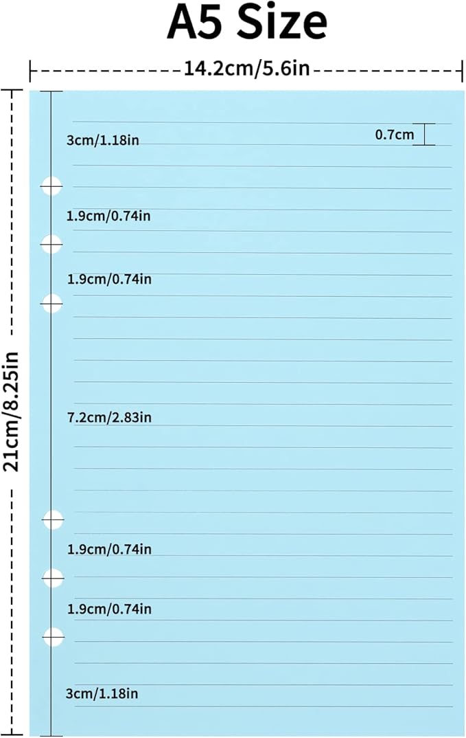 A5 Lined Notebook Paper,Color Loose Leaf Paper for 6-Ring Binder Planner Organizer, 6-Hole Binder Refill Paper Insert, 50 Sheets/100 Pages,Ruled (8.25 x 5.6") (2)