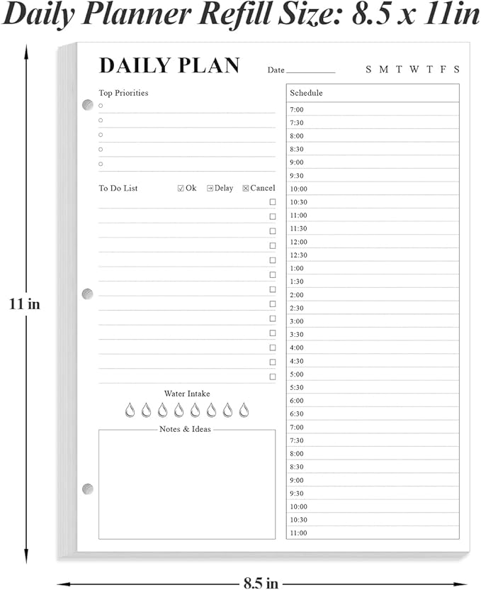 Undated Daily Planner Refill - A4 Planner Inserts, To Do List Refills, 100 Sheets/200 Pages Planner and Lined Refill, 3 Hole Punched, 100 gsm White Paper, 8.5'' x 11''
