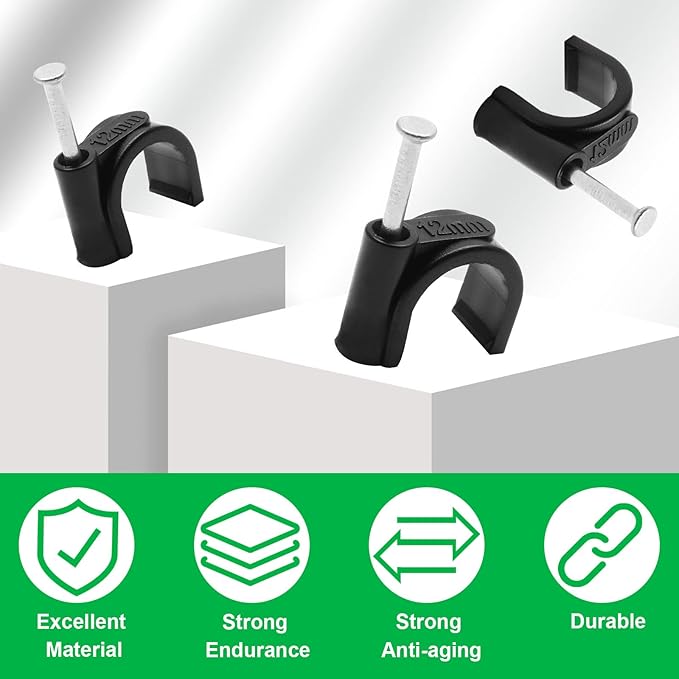 100pcs 1/2" / 12mm Half Clamp J-Hook with Nail, Nail in Cable Clips Ethernet Cable Nails Tacks Clips, Black