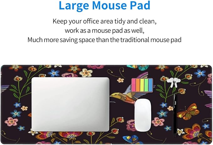 Hummingbird and Tropical Flowers Large Mouse Pad with Stitched Edges Long Non-Slip Rubber Base Mousepad Humming Birds Laptop Keyboard Mat Desk Pad for Office Home Desk Decor, 31.5" X 11.8"