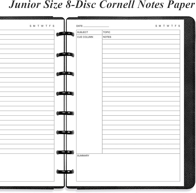Junior Size Cornell Notes Filler Paper - A5 TUL Custom Note-Taking System 8 Disc Discbound Refill Pages, 50 Sheets/100 Pages, 100 gsm White Paper, 5.8" x 8.3"