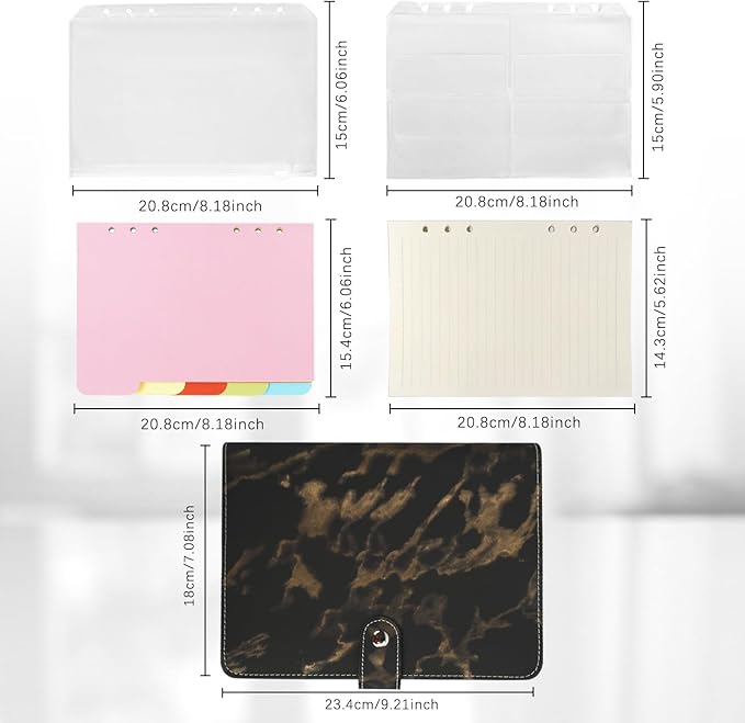 FYY A5 Binder Refillable Planner Notebook 6 Ring PU Leather Binder Journal with Pockets, Dividers, Refill Paper Marble Black