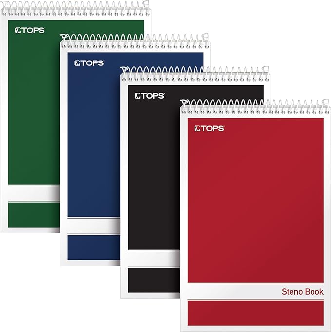 TOPS Steno Pads 4 Pack, 6" x 9" Spiral Steno Notebooks, Gregg Rule for lists, 80 Sheets Each, White Paper, Assorted Covers, Take Notes for School, College, Work, Office (80220)