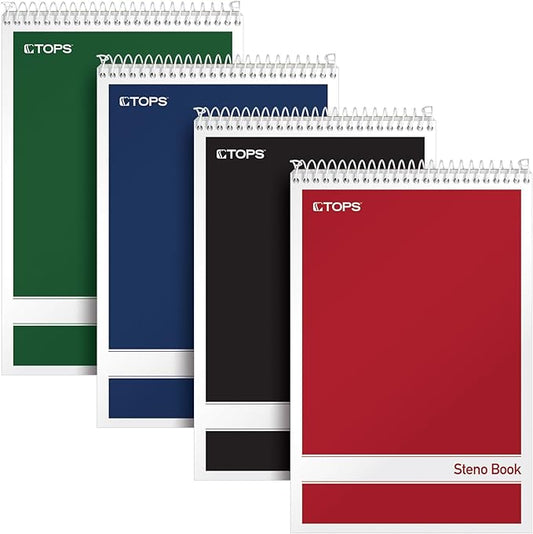 TOPS Steno Pads 4 Pack, 6" x 9" Spiral Steno Notebooks, Gregg Rule for lists, 80 Sheets Each, White Paper, Assorted Covers, Take Notes for School, College, Work, Office (80220)