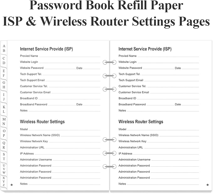 Password Book Refills for A5 Binder - A-Z Password Notebook Refill Paper with Alphabetical Tabs, 120gsm White Paper, 6-Hole Punehed, 5.8" x 8.3"
