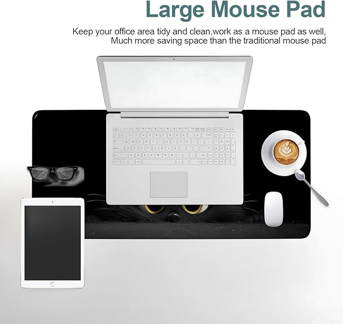 Cat-Inspired Extended Mouse Pad XL 31.5"x11.8" – Large Black Cat Desk Mat – Non-Slip Rubber Base, Stitched Edges