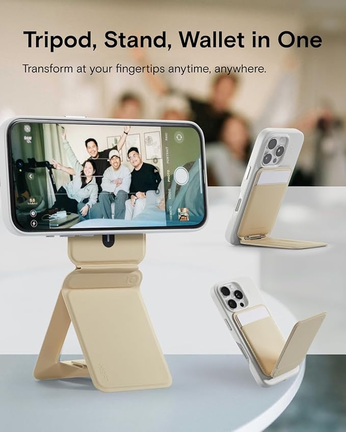 MOFT Phone Tripod Wallet, 3 in 1 Phone Stand Magnetic Wallet, NFC-Supported Magnetic Phone Stand, MOVAS Vegan Leather Adjustable Card Holder, Earthen Beige