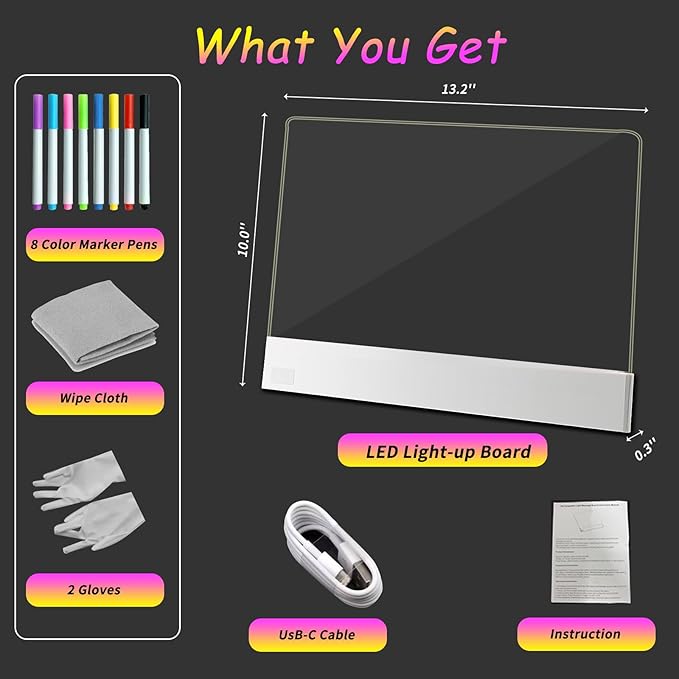 Led Drawing Board for Kids,13.2'' x 10'' Rechargeable Led Note Board with Colors,Doodle Glow Board,3 Modes & 5 Colors Acrylic Dry Erase Board with 8 Markers Valentines Day&Birthday Gifts for Kids