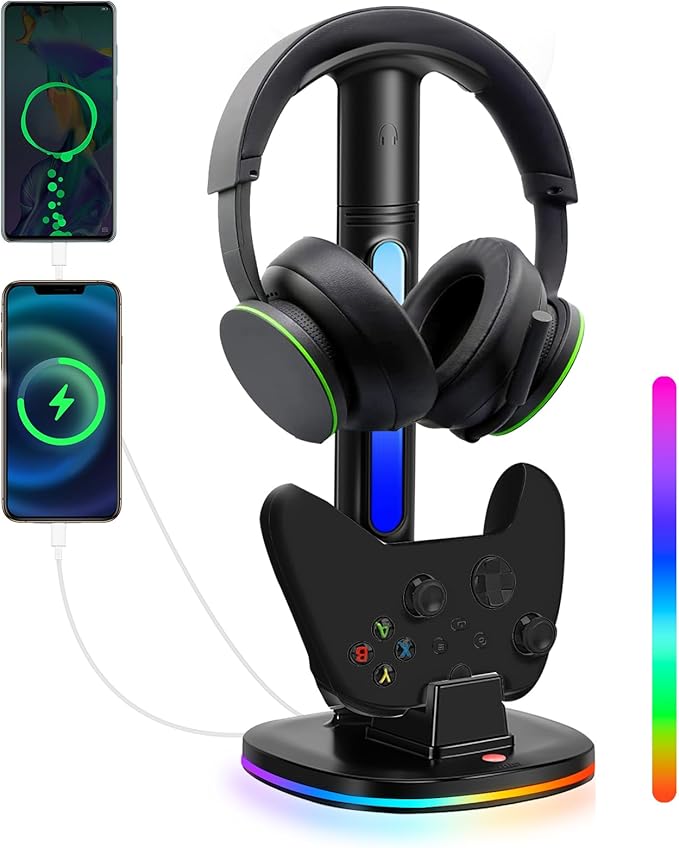Controller Charger with RGB Headphone Stand for Xbox Series X|S/Elite 2/One/One X/One S/One Elite, XSX Controller Charger Station with 2 USB Port, Headset Stand for Xbox Charging Station Dock