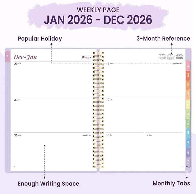 2026 Planner, Annecy Weekly ＆ Monthly Planner 2026, Jan. 2026 – Dec. 2026, 8.5" x 11" Monthly Agenda Planner with Tabs, Waterproof Flexible Cover, Spiral Binding, Double-sided Pocket, Bookmark, Purple