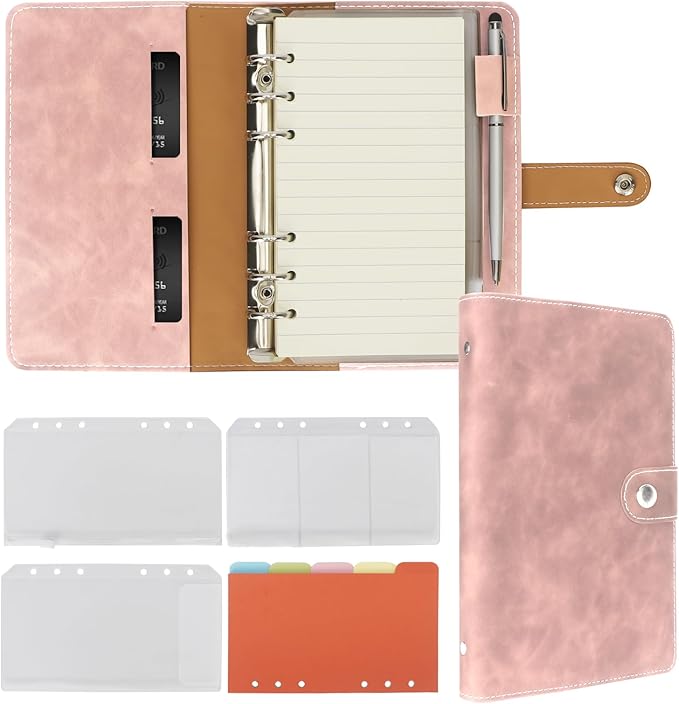 FYY A6 Binder Refillable Planner Notebook 6 Ring PU Leather Binder Journal with Pockets, Dividers, Refill Paper Pink