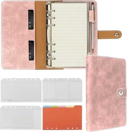 FYY A6 Binder Refillable Planner Notebook 6 Ring PU Leather Binder Journal with Pockets, Dividers, Refill Paper Pink