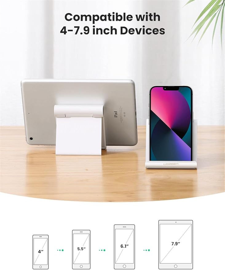 UGREEN Cell Phone Stand for Desk Phone Holder Foldable Portable Adjustable Compatible with iPhone 17 Air 16 15 14 13 Pro Max, iPhone 12 11 Plus SE XS XR 8 7, Office Desk Travel Accessories, White