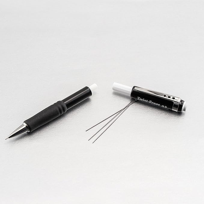 Pentel Mechanical Pencil 0.5 mm Twist Erase III, Twist Up Eraser, Pre-Loaded Super Hi-Polymer HB Lead, Black Barrel, 3-Pack