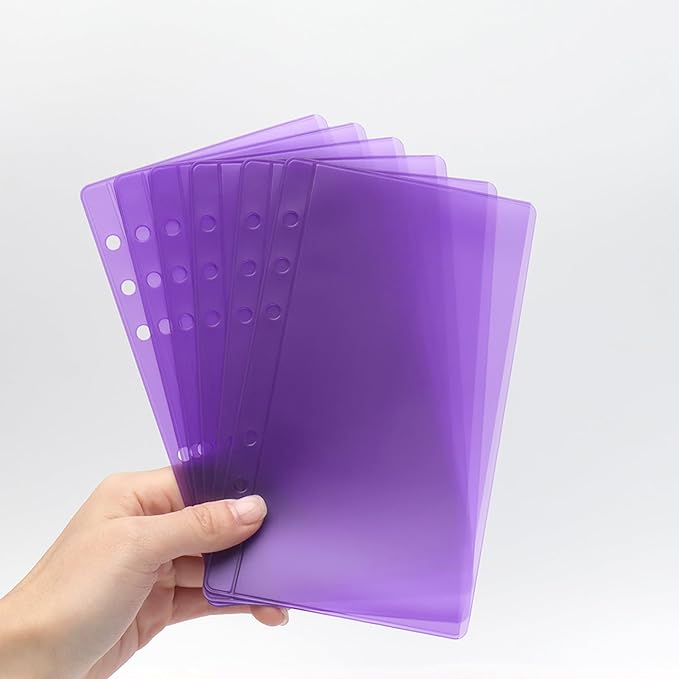 24 A6 Cash Envelopes Purple A6 Binder Pockets Zipless Budget Binder Inserts Sleeves PVC Sheet Protector for 6 Ring A6 Binders Organizer Photos Cards Bills (Purple)