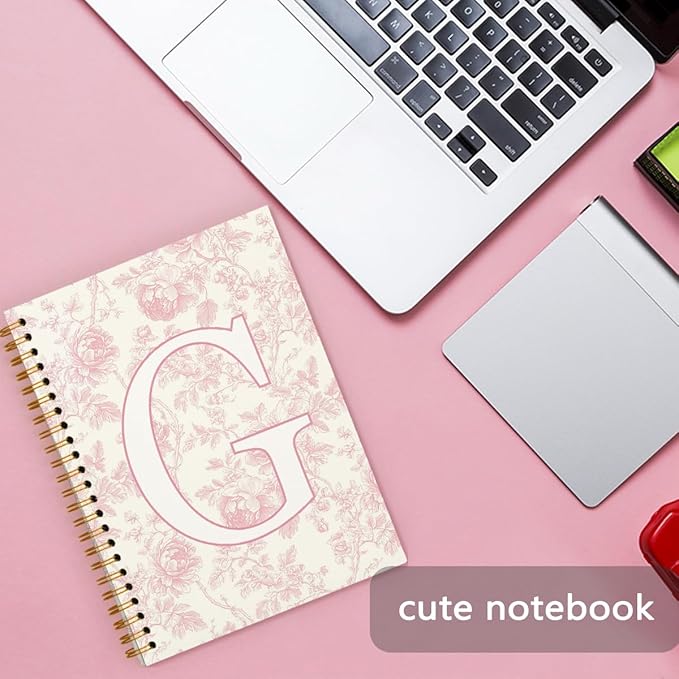 Pink Initial Notebook Journal Embroidered G, Teacher Journal,Aesthetic Notebook, Monogrammed Personalized Stationery Gifts for Women,Preppy School Supplies for Girls 5.5x8.3