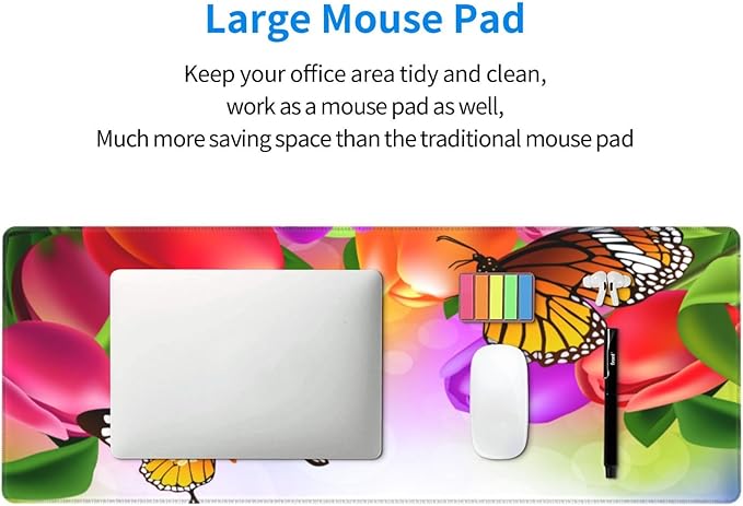 Tulip Flowers and Butterfly Large Mouse Pad with Stitched Edges Long Non-Slip Rubber Base Mousepad Laptop Keyboard Mat Desk Pad for Office Home Desk Decor, 31.5" X 11.8"