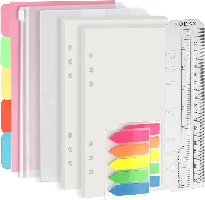Harphia A5 6 Holes Binder Refill Value Set, 90sheets plain blank loose leaf paper with stickers and dividers, planner inserts with binder pockets for A5 binder 6 holes refillable notebook,005da5blank