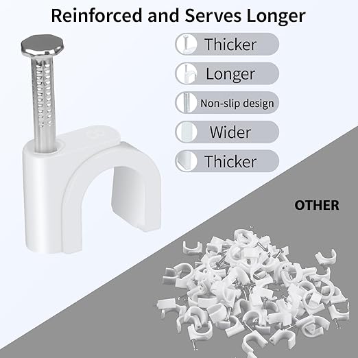 LeMotech Cable Clips, 200pcs 8mm Wire Wall Clips with Steel Nails, Coaxial Nail Clamps for Cable Cord Management RG6 RG59 CAT5e CAT6 RJ45 Ethernet Cable Clamps, White