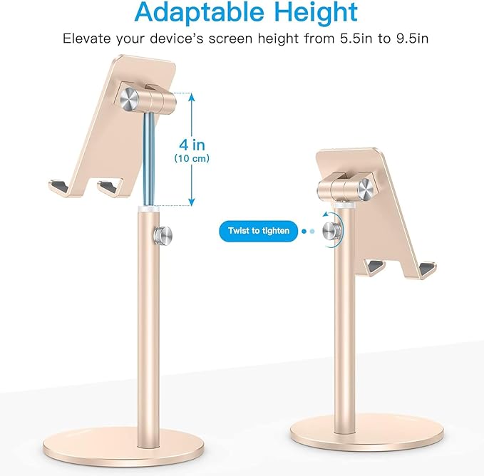 OMOTON Cell Phone Stand, Angle Height Adjustable Phone Stand, Aluminum Desktop Phone Holder Dock Stand for Desk, Compatible with iPhone 17 Pro Max, All Smartphones and Tablets(4-11''),Gold