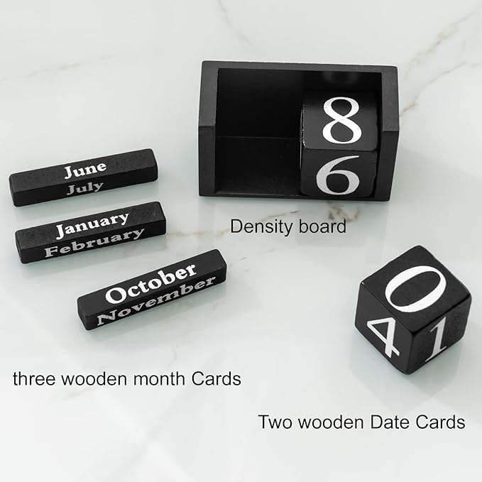 Notakia Black Wooden Block Calendar, Perpetual Desk Calendar, Stylish and Durable Block Calendar for Home and Office