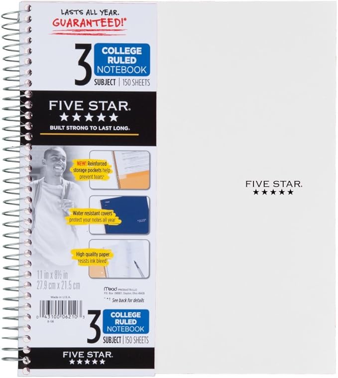Five Star 06210 Wirebound 3-Subject Notebook, College Rule, 11 x 8 1/2, 150 Sheets, Assorted