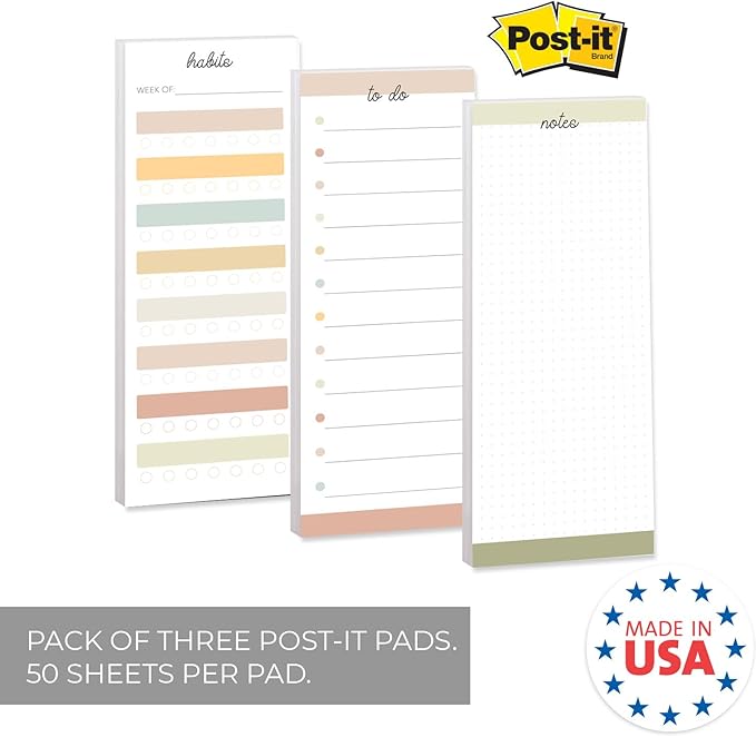Productivity Sticky Note Assortment/Set of 3 Multi-Color Note Pads / 3" x 8" Daily Task Trackers / 50 Sheets Per Pad/Made in USA