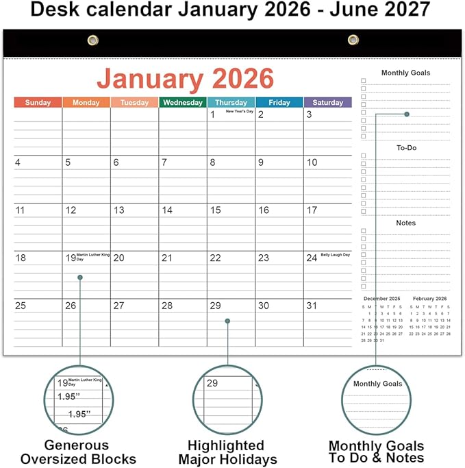 2026 Desk Calendar - 18 Months Calendar from January 2026 to June 2027, Desk Calendar 2026-2027 with Thick Paper, 12" x 17", Colorful