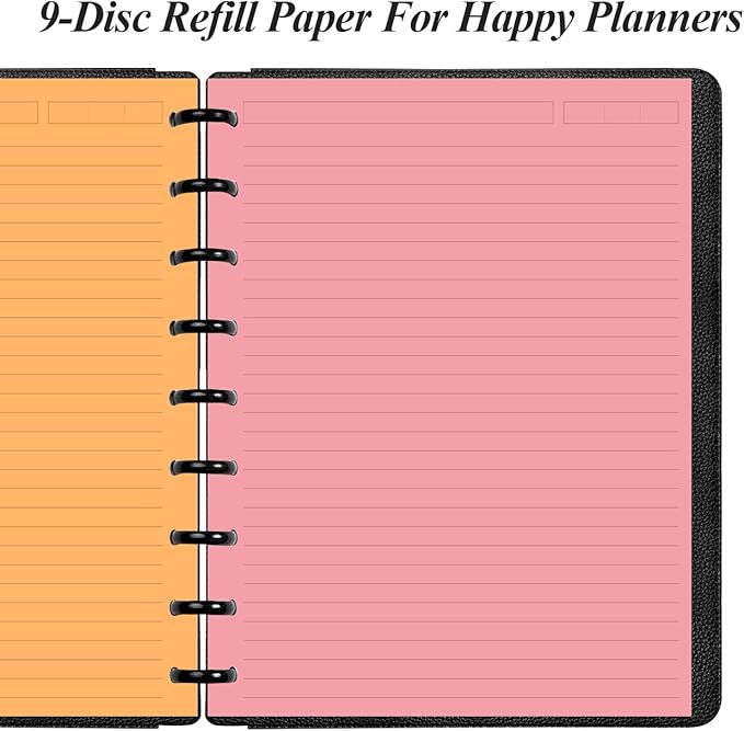 9-Disc Discbound 5 Colorful Line Paper Pre-punched Happy Planners Inserts, 100Sheets/200Pages Classic Size Line Loose-Leaf Paper, Per Color 20 Sheets, 7" x 9.25"