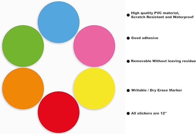 24 Pack 12''Big Size Dry Erase Dots for Classroom Tables, Peel and Stick Removeable Circle Vinyl Sticker Spots for Whiteboards, Desks, Wall Decals, Student, Teacher School Supplies, 6 Colors.