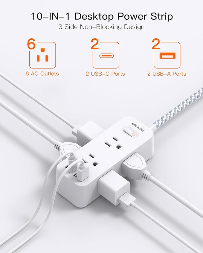 Power Strip Surge Protector, BESHON 5Ft Extension Cord, 6 Outlets with 4 USB Ports (2 USB C Outlet), 3-Side Outlet Extender, Wall Mount, Compact for Travel, Home, College Dorm Room and Office