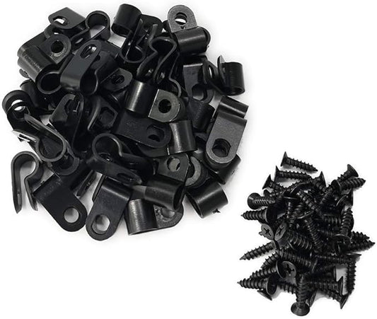 Cable Clamp R-Type Cable Clip Wire Clamp 1/4-inch Nylon Screw Mounting Cord Fastener Clips with Screws for Wire Management - 50 Pcs Cable Clamps + 50 Pcs Screws