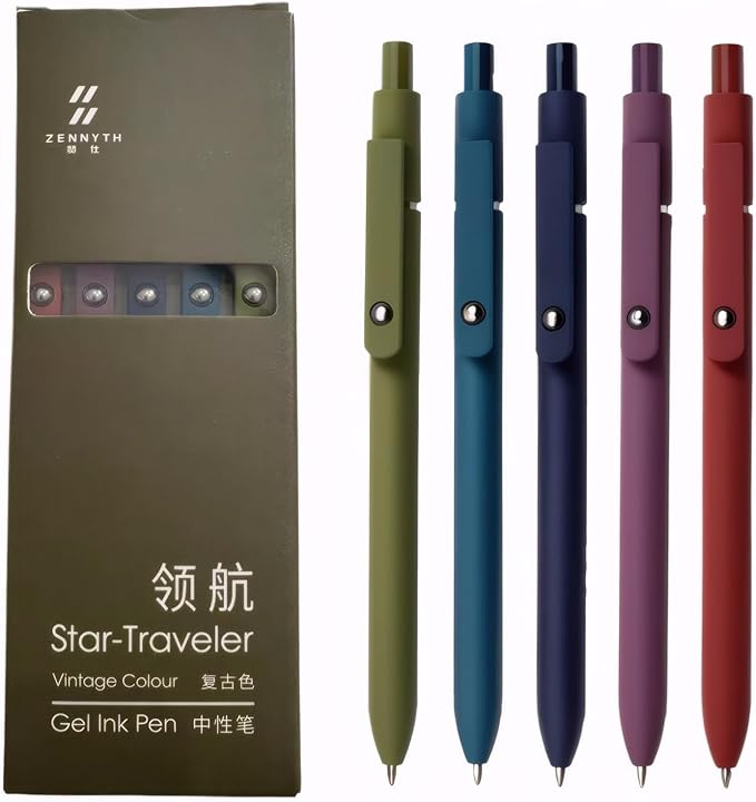 Gel Pens, 5PCS 0.5mm Fine Point Smooth Writing Black Ink Pens, Retractable Vintage Series Cute Pens for Journaling, Note Taking, Office and School Supplies, Perfect for Women and Men