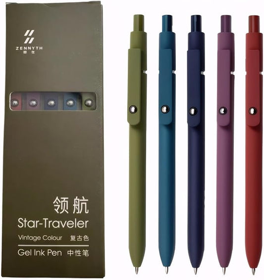 Gel Pens, 5PCS 0.5mm Fine Point Smooth Writing Black Ink Pens, Retractable Vintage Series Cute Pens for Journaling, Note Taking, Office and School Supplies, Perfect for Women and Men