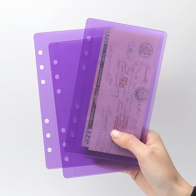 12 Purple A6 Binder Pockets Zipless Cash Envelopes Budget Binder Inserts PVC Sheet Protector for 6 Ring A6 Planner Organizer Accessories (12 Purple)