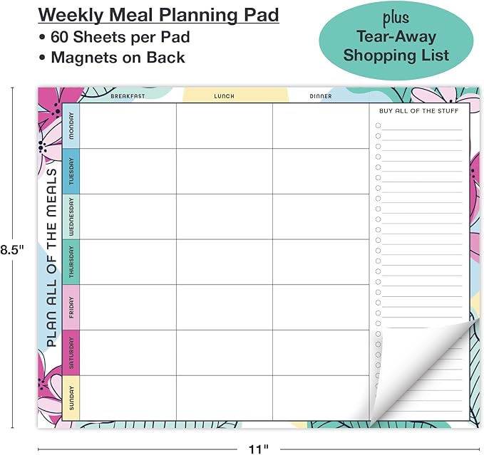 Global Printed Products 8.5" x 11" Horizontal Meal Planning Pad, 60-Sheets, Sketched Floral