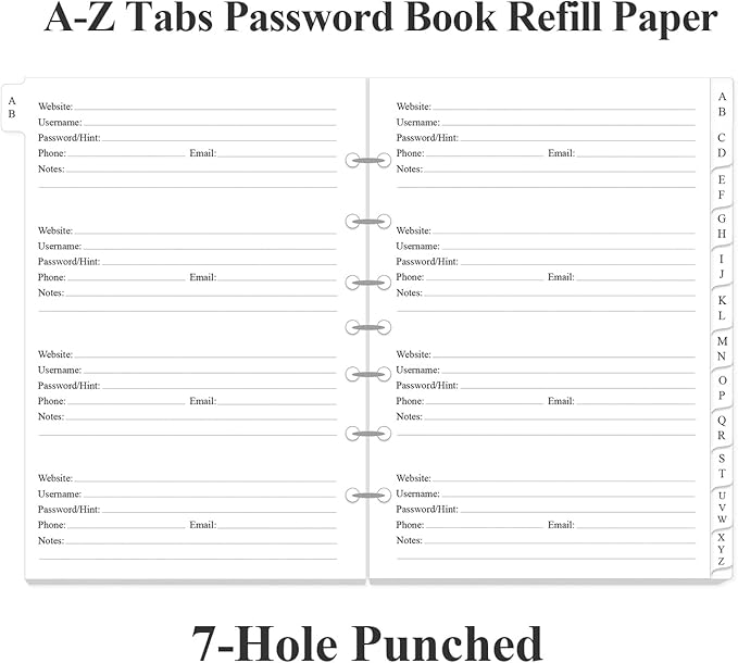 Password Book Refills - A-Z Password Notebook Refill Paper with Alphabetical Tabs, 120gsm White Paper, 7-Hole/Desk Size 4, 5.8" x 8.3"