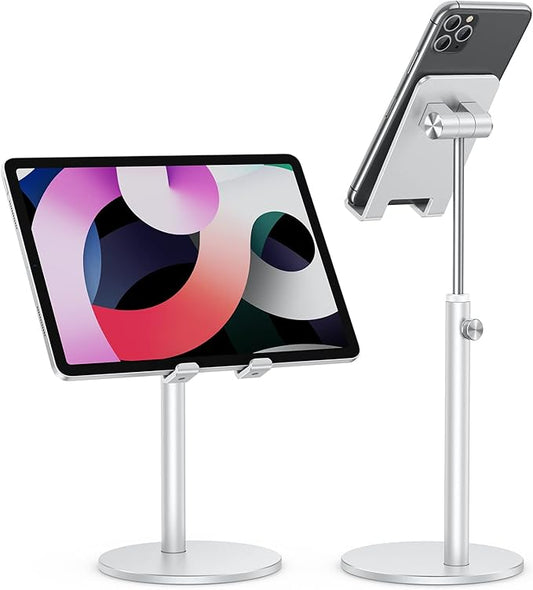 Cell Phone Stand, OMOTON Angle Height Adjustable Phone Stand, Aluminum Desktop Phone Holder Dock Stand for Desk, Compatible with iPhone 17 Pro Max, All Smartphones and Tablets(4-11''), Sliver