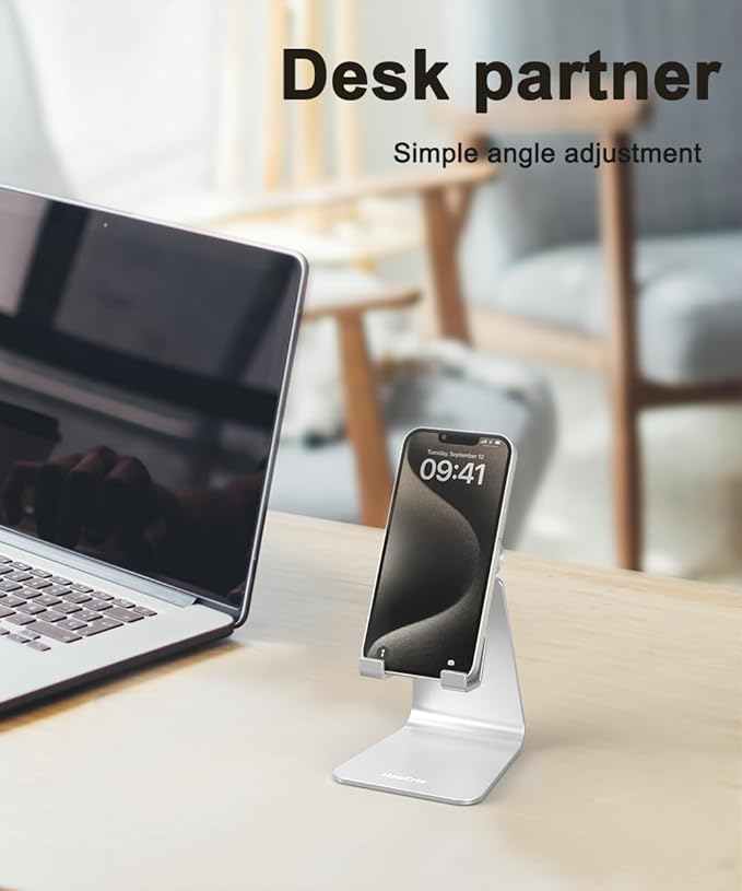 Cell Phone Stand for Desk- Adjustable Phone Stand Holder, Cradle, Dock, Desktop Stand for iPhone 17 16, 15, 14, Plus, Pro, Pro Max, 13 12 X XS,4-8" Phones, Office Accessories (Silver)