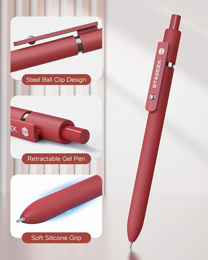 Red Gel Pens, 6Pcs Quick Dry Red Ink Pens with 3 Extra Refills, Fine Point Retractable Smooth Writing Pens for Journaling, Note Taking, School Supplies, Nurse Aesthetic, Office(Red)