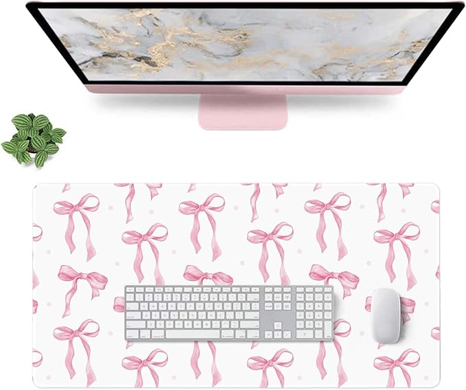 Pink and White Mouse Pad, Desk Mat Pink Bow Keyboard Mat Cute Office Accessories Computer Mat, Non-Slip Rubber Base Large Mousepad Laptop Pad, Girly Desktop Mat Office Décor 23.6 x 11.8in